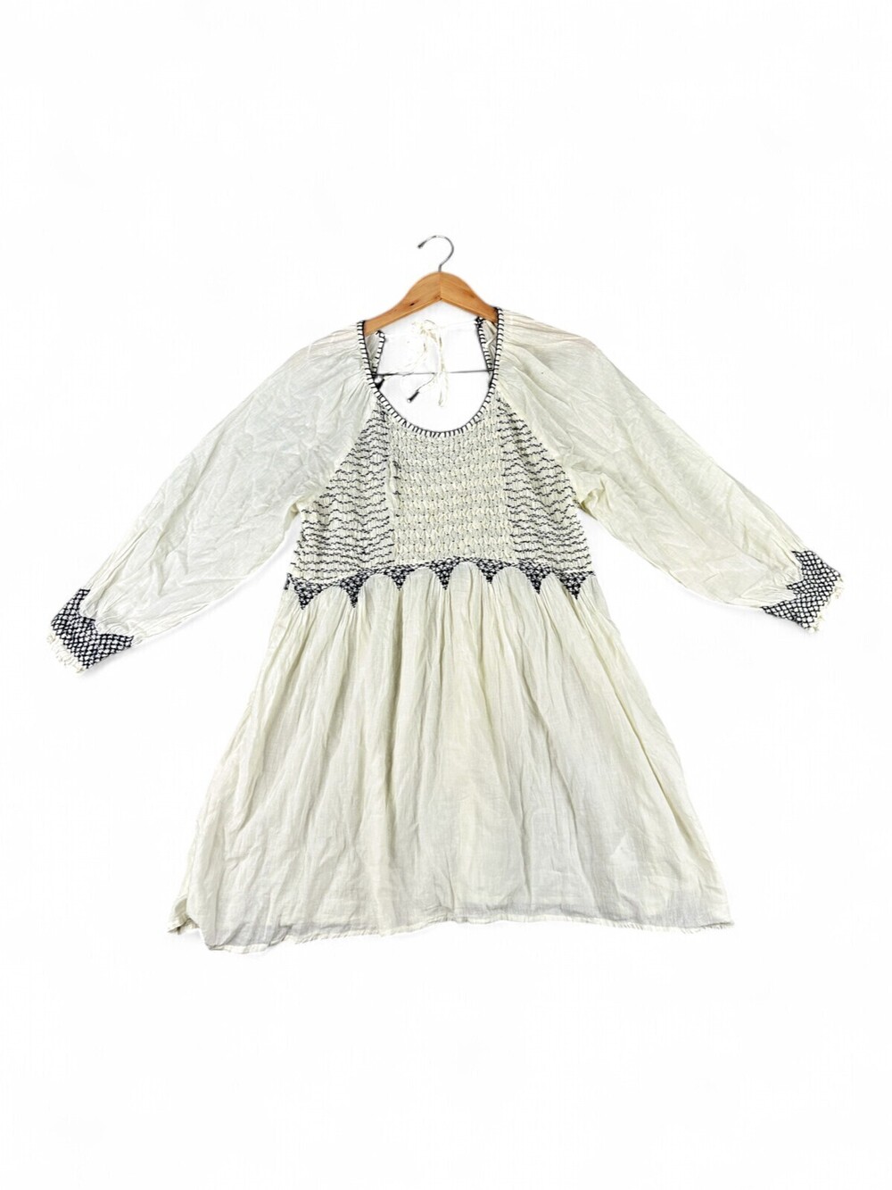 Free People Smocked Boho Peasant Long Sleeve Mini Dress L